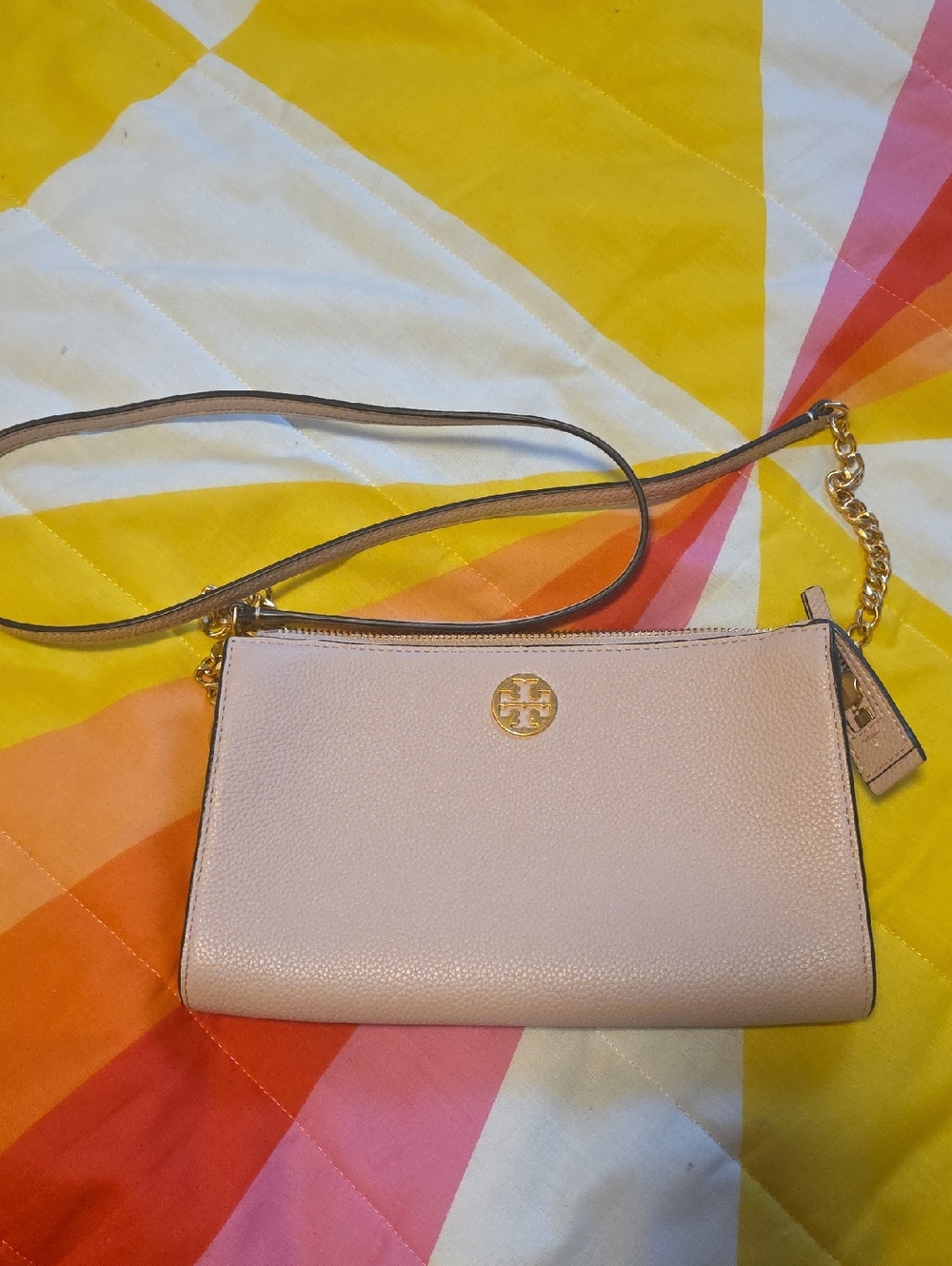 Tory Burch Blush Pebbled Leather Crossbody with Gold Logo